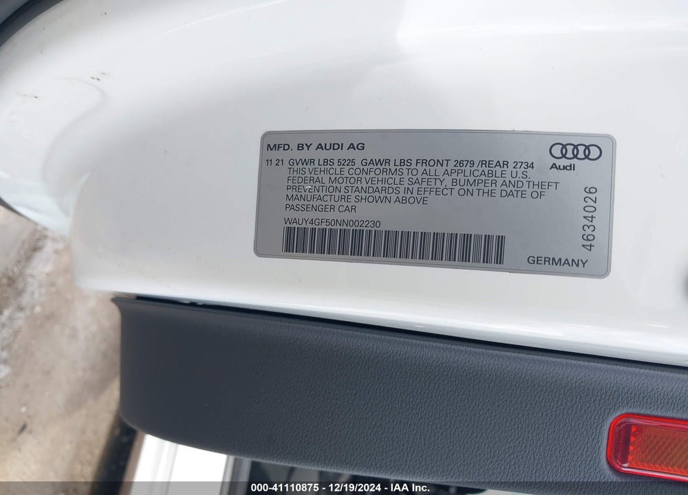 2022 AUDI S5 CABRIOLET VIN: WAUY4GF50NN002230