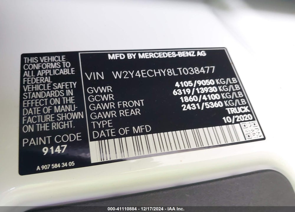 2020 FREIGHTLINER SPRINTER 2500 HIGH ROOF V6 VIN: W2Y4ECHY8LT038477