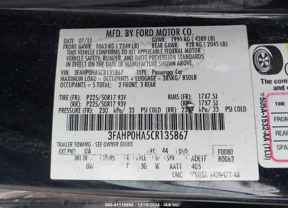2012 FORD FUSION SE VIN: 3FAHP0HA5CR135867