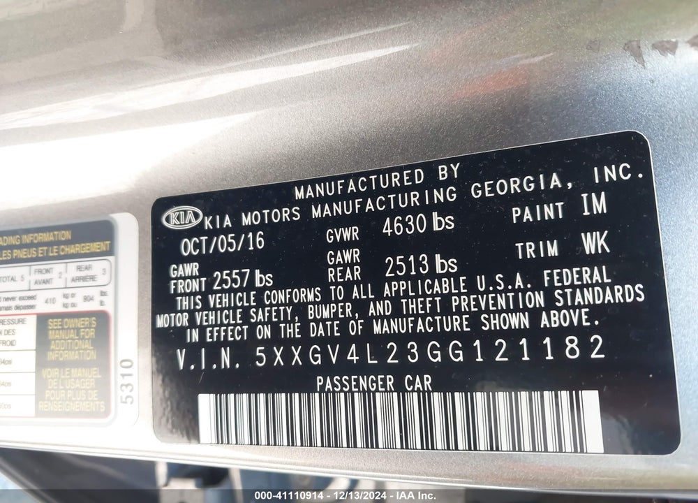2016 KIA OPTIMA SXL TURBO VIN: 5XXGV4L23GG121182