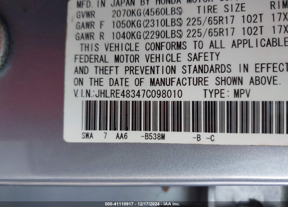 2007 HONDA CR-V LX VIN: JHLRE48347C098010