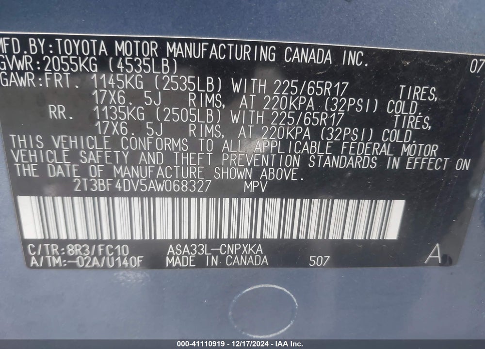 2010 TOYOTA RAV4 VIN: 2T3BF4DV5AW068327