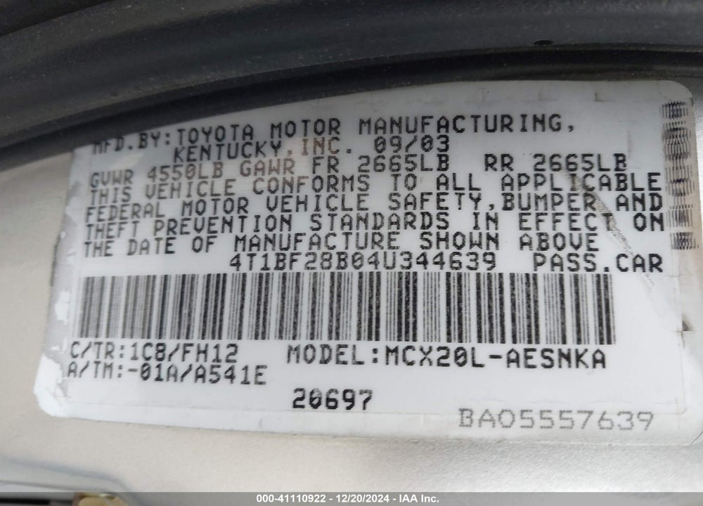 2004 TOYOTA AVALON XL VIN: 4T1BF28B04U344639