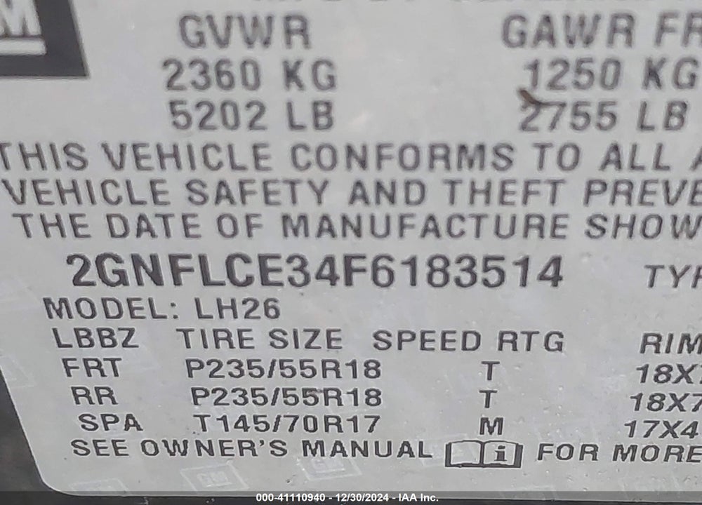 2015 CHEVROLET EQUINOX 2LT VIN: 2GNFLCE34F6183514