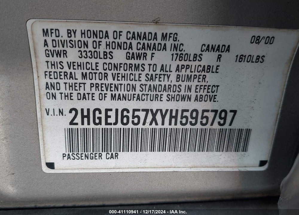 2000 HONDA CIVIC LX VIN: 2HGEJ657XYH595797