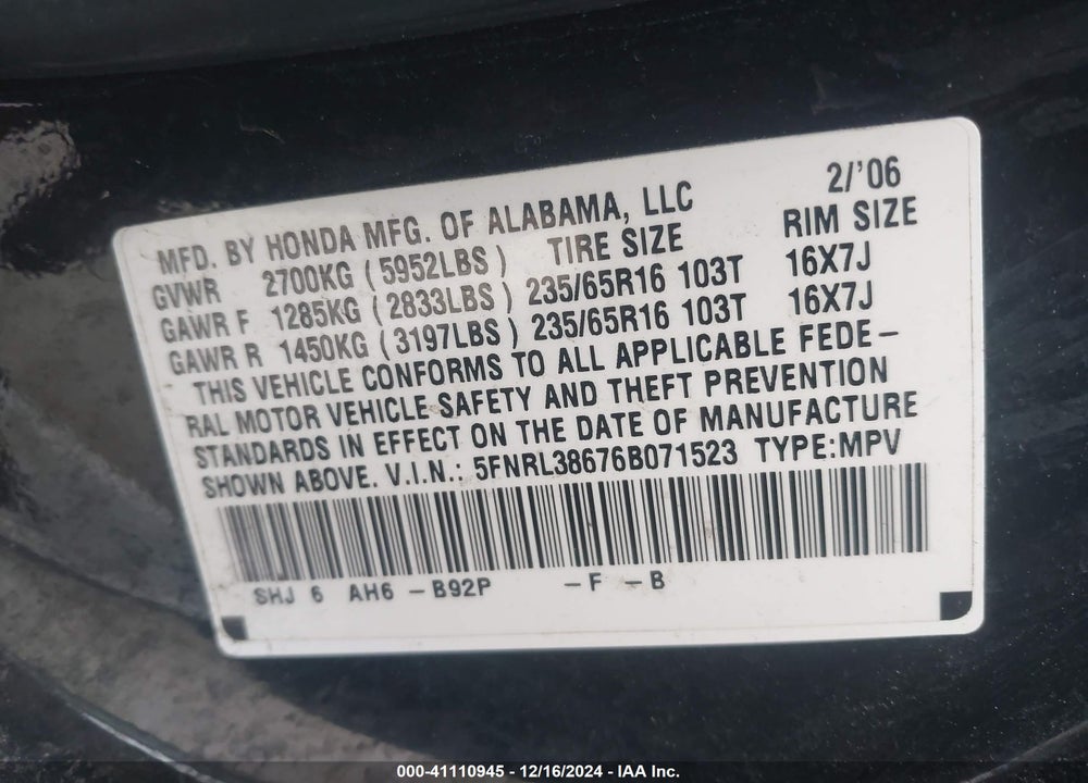 2006 HONDA ODYSSEY EX-L VIN: 5FNRL38676B071523