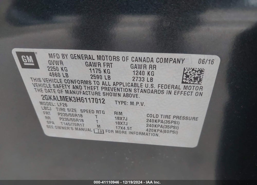 2017 GMC TERRAIN SLE-1 VIN: 2GKALMEK3H6117012
