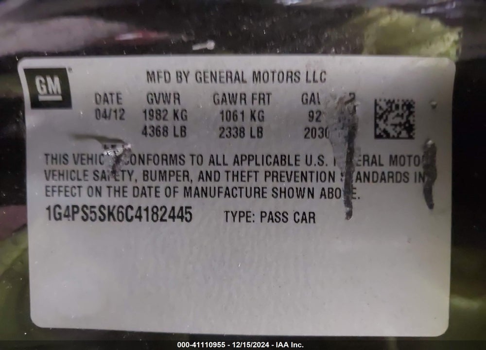 2012 BUICK VERANO VIN: 1G4PS5SK6C4182445