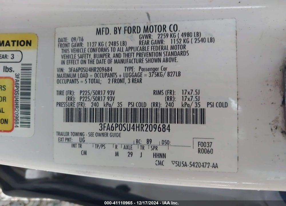 2017 FORD FUSION ENERGI TITANIUM VIN: 3FA6P0SU4HR209684