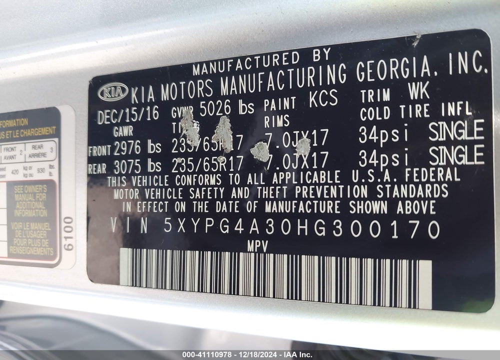 2017 KIA SORENTO 2.4L L VIN: 5XYPG4A30HG300170