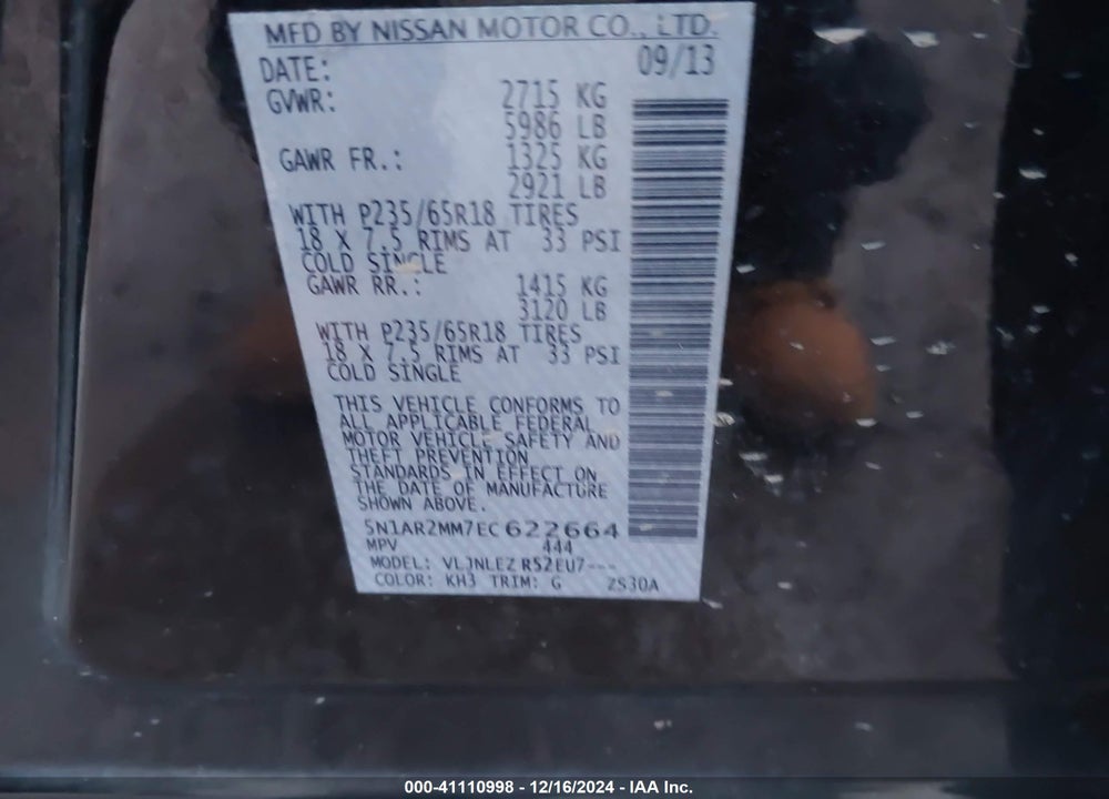 2014 NISSAN PATHFINDER SV VIN: 5N1AR2MM7EC622664
