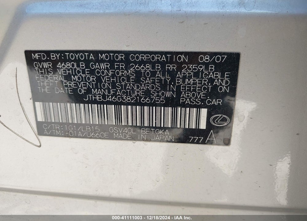 2008 LEXUS ES 350 VIN: JTHBJ46G382166755