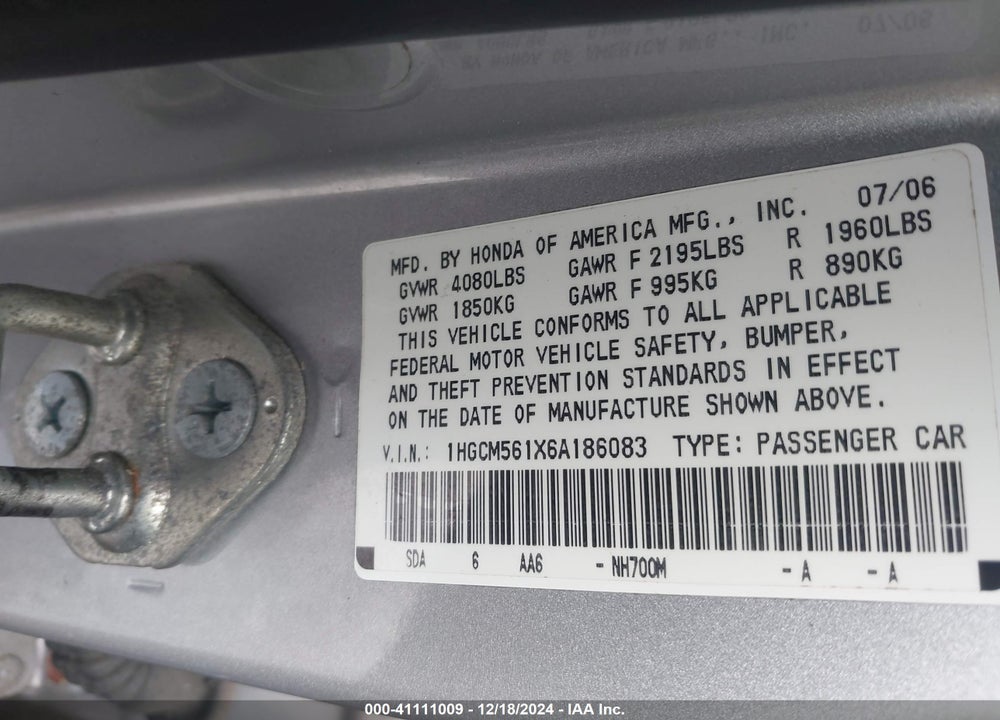 2006 HONDA ACCORD 2.4 VP VIN: 1HGCM561X6A186083