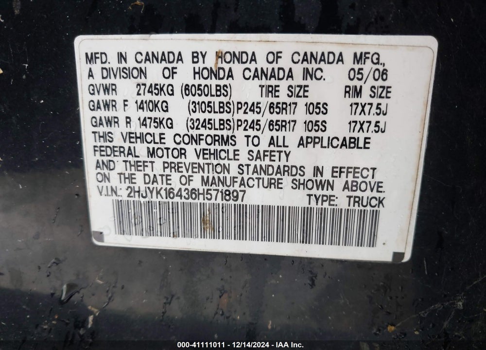 2006 HONDA RIDGELINE RTS VIN: 2HJYK16436H571897