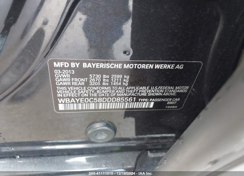 2013 BMW ACTIVEHYBRID 740LI VIN: WBAYE0C58DDD85561