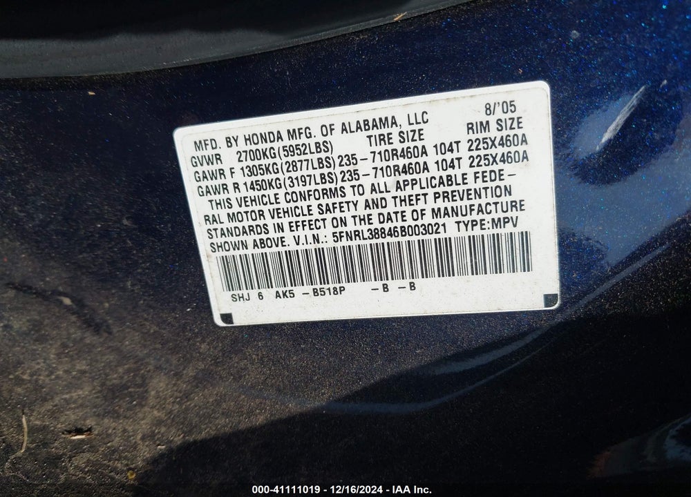 2006 HONDA ODYSSEY TOURING VIN: 5FNRL38846B003021