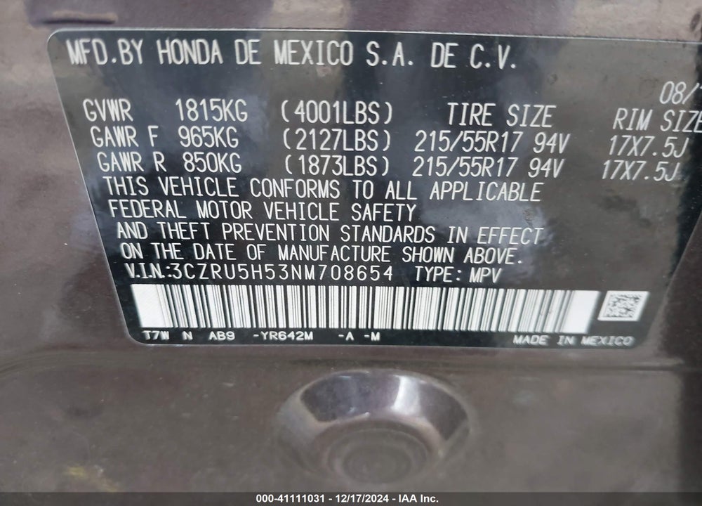 2022 HONDA HR-V 2WD EX VIN: 3CZRU5H53NM708654