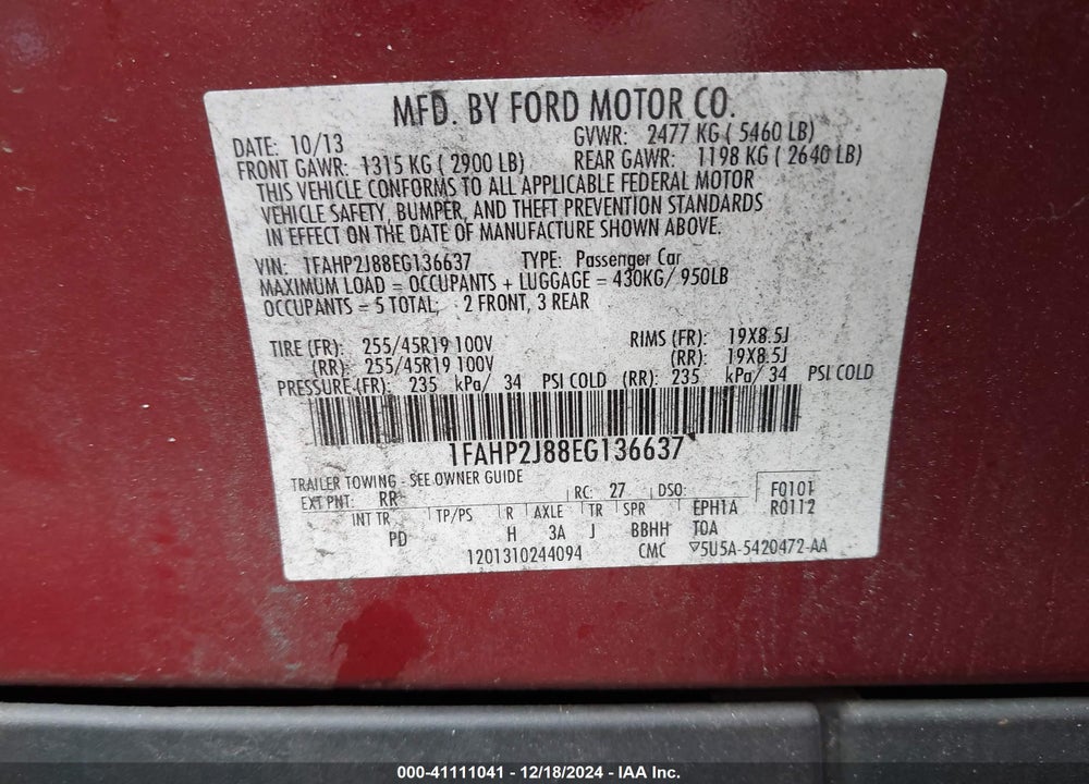 2014 FORD TAURUS VIN: 1FAHP2J88EG136637