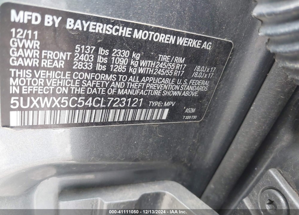 2012 BMW X3 XDRIVE28I VIN: 5UXWX5C54CL723121