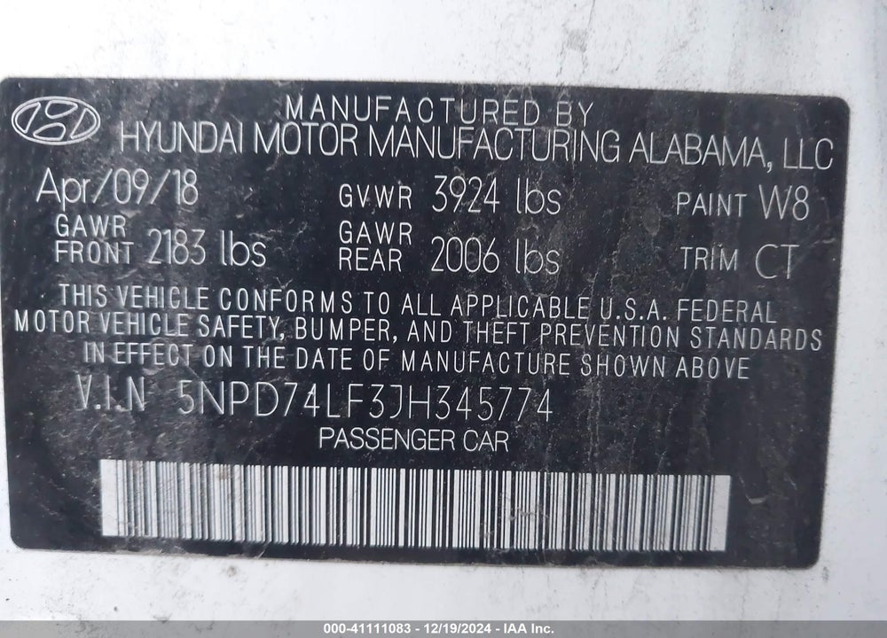 2018 HYUNDAI ELANTRA SE VIN: 5NPD74LF3JH345774