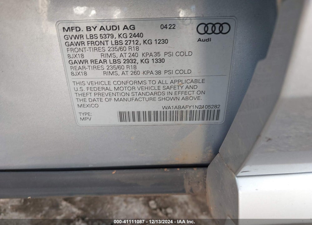 2022 AUDI Q5 PREMIUM 40 TFSI QUATTRO S TRONIC VIN: WA1ABAFY1N2105282