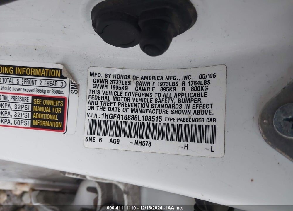 2006 HONDA CIVIC EX VIN: 1HGFA16886L108515