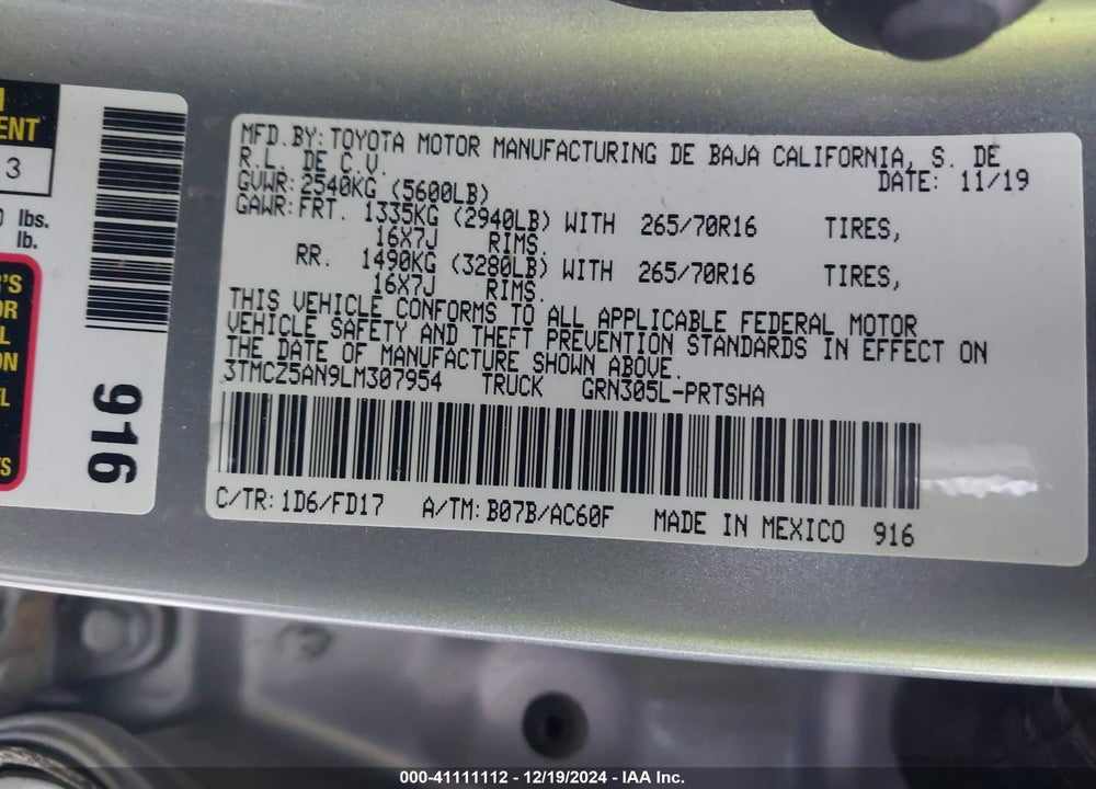 2020 TOYOTA TACOMA TRD OFF ROAD VIN: 3TMCZ5AN9LM307954