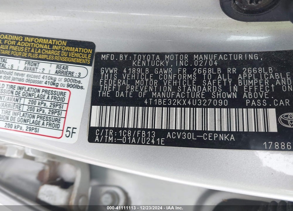 2004 TOYOTA CAMRY LE VIN: 4T1BE32KX4U327090