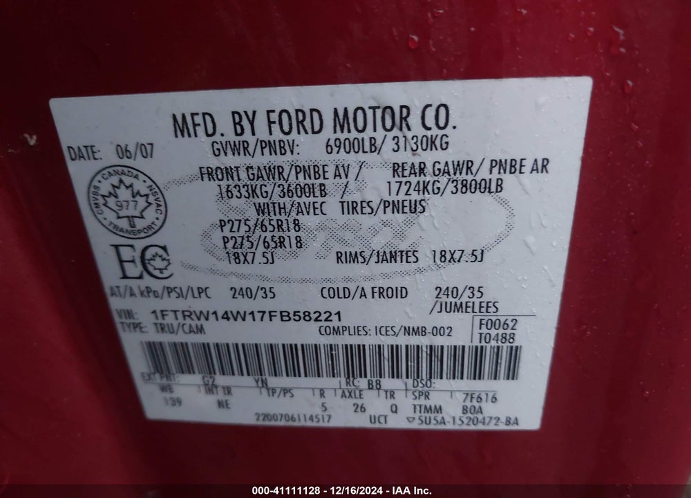 2007 FORD F150 VIN: 1FTRW14W17FB58221