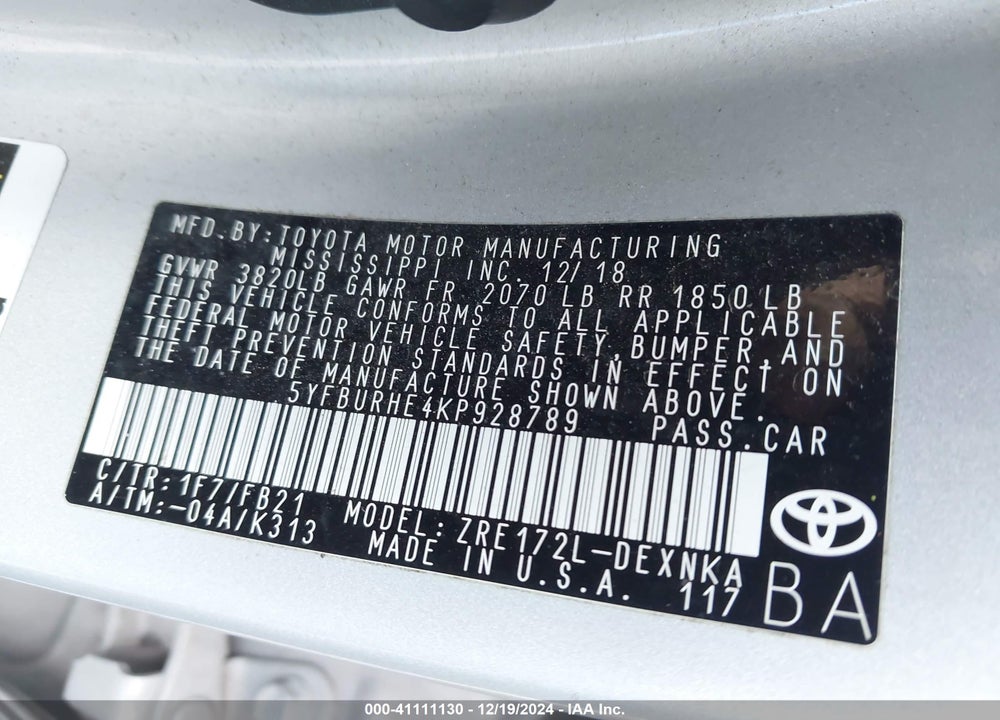 2019 TOYOTA COROLLA VIN: 5YFBURHE4KP928789