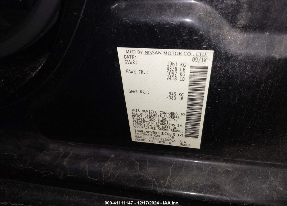 2019 NISSAN ALTIMA 2.5 SV VIN: 1N4BL4DV0KC106534