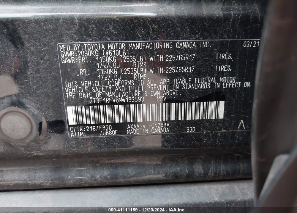 2021 TOYOTA RAV4 LE VIN: 2T3F1RFV6MW193593