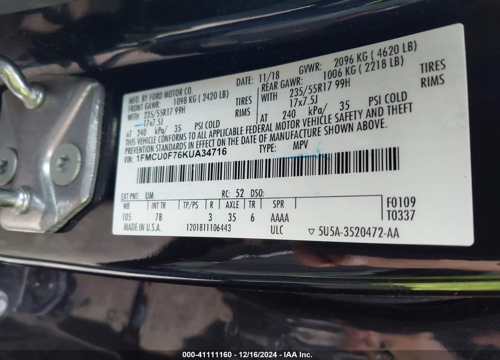 2019 FORD ESCAPE S VIN: 1FMCU0F76KUA34716