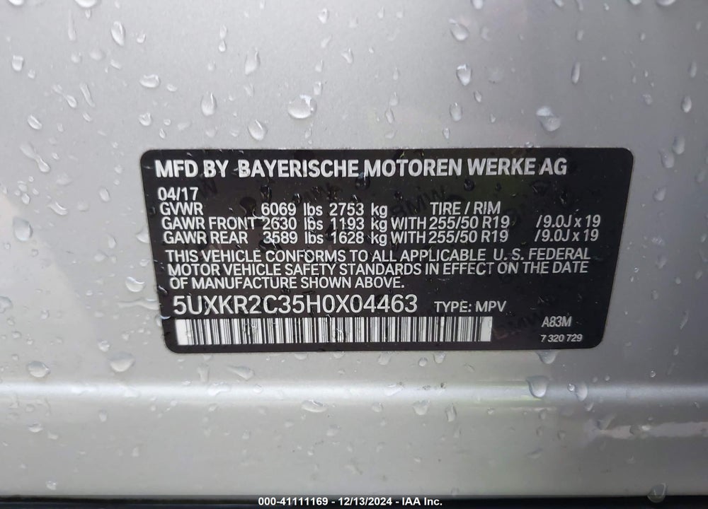 2017 BMW X5 SDRIVE35I VIN: 5UXKR2C35H0X04463