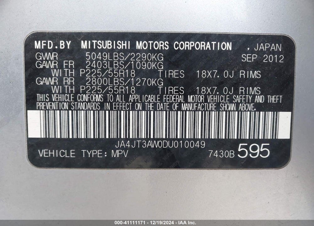 2013 MITSUBISHI OUTLANDER SE VIN: JA4JT3AW0DU010049