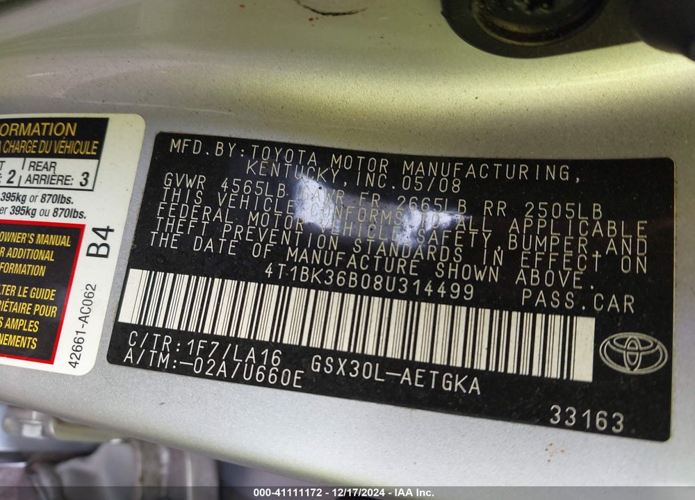 2008 TOYOTA AVALON XLS VIN: 4T1BK36B08U314499
