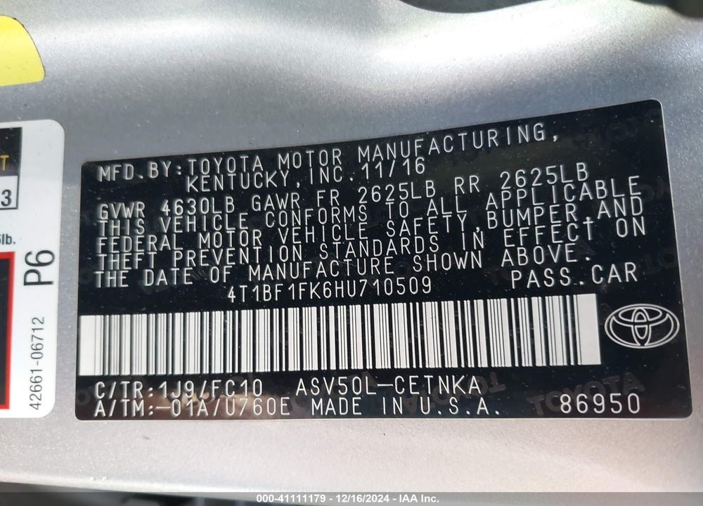 2017 TOYOTA CAMRY LE VIN: 4T1BF1FK6HU710509