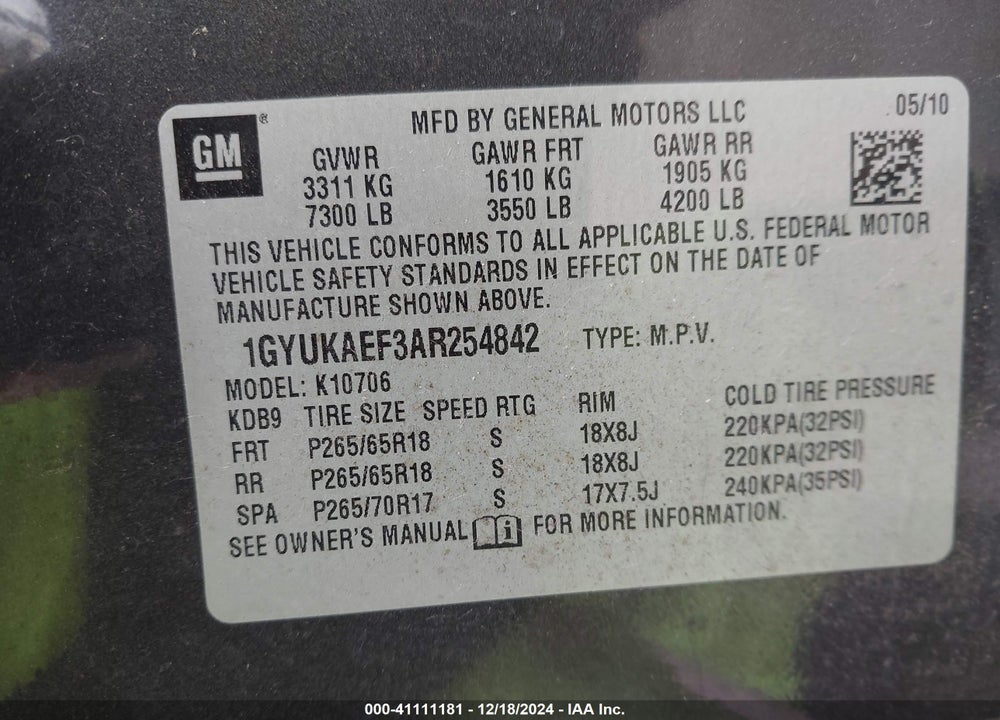 2010 CADILLAC ESCALADE STANDARD VIN: 1GYUKAEF3AR254842
