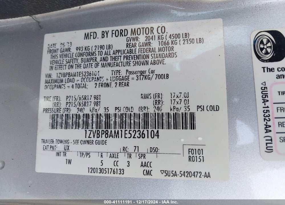 2014 FORD MUSTANG V6 VIN: 1ZVBP8AM1E5236104