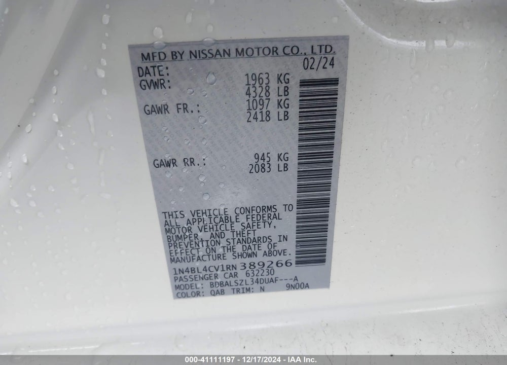 2024 NISSAN ALTIMA SR FWD VIN: 1N4BL4CV1RN389266