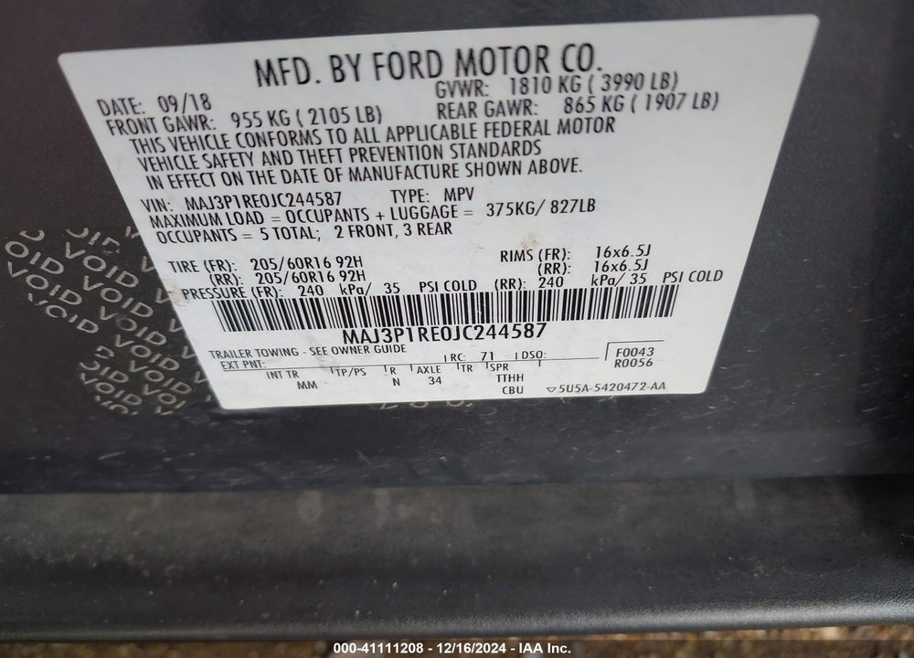 2018 FORD ECOSPORT S VIN: MAJ3P1RE0JC244587