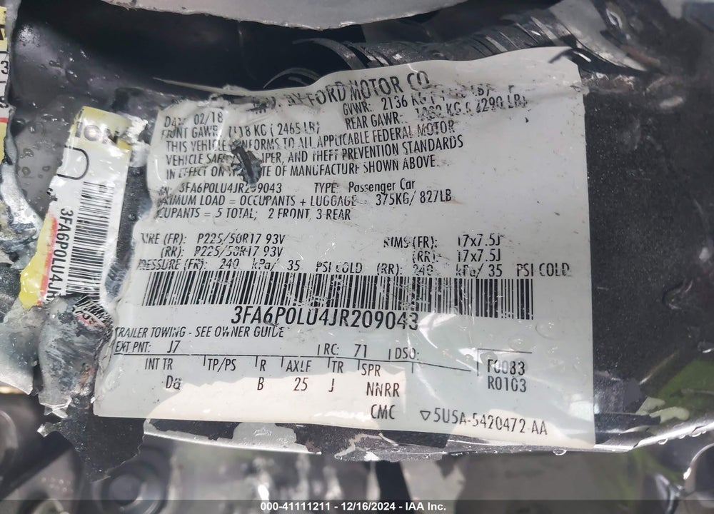 2018 FORD FUSION HYBRID SE VIN: 3FA6P0LU4JR209043