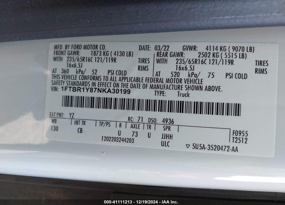2022 FORD TRANSIT-250 CARGO VAN VIN: 1FTBR1Y87NKA30199