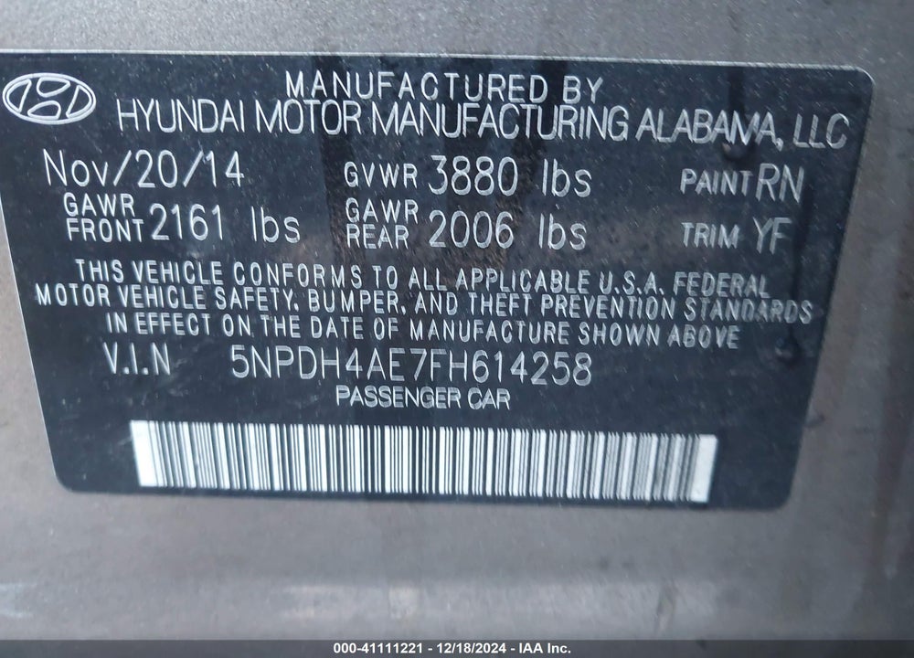 2015 HYUNDAI ELANTRA SE VIN: 5NPDH4AE7FH614258