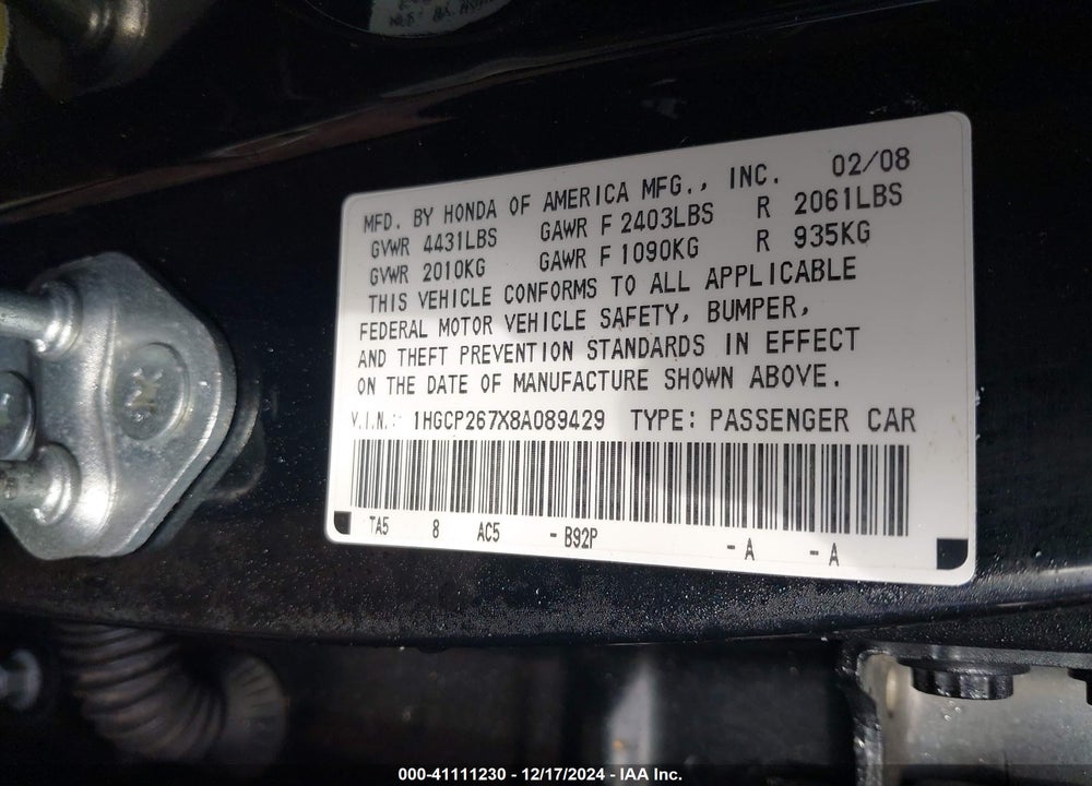 2008 HONDA ACCORD VIN: 1HGCP267X8A089429