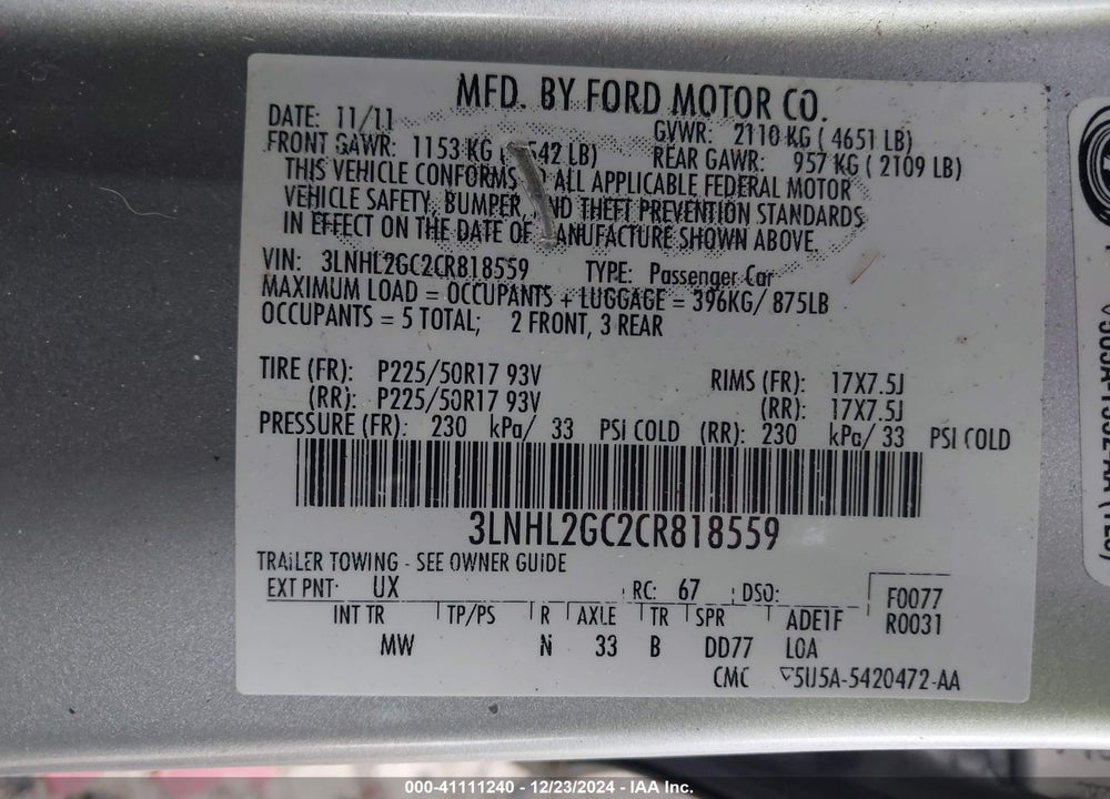 2012 LINCOLN MKZ VIN: 3LNHL2GC2CR818559