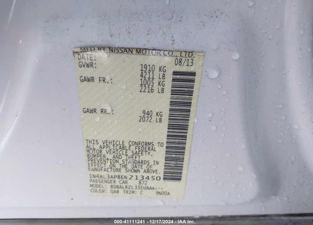 2014 NISSAN ALTIMA 2.5 S VIN: 1N4AL3AP8EN213450