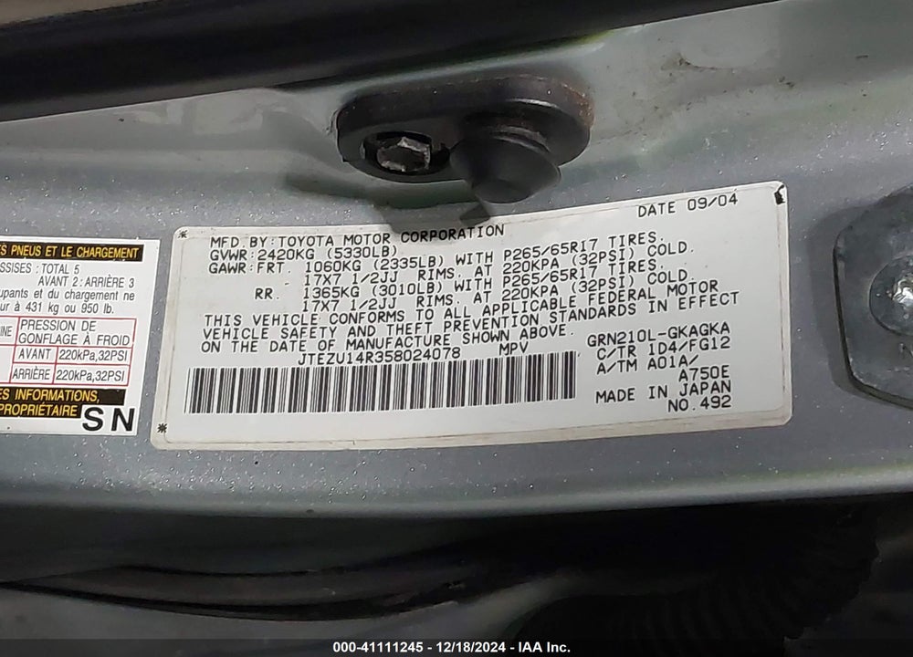 2005 TOYOTA 4RUNNER SR5 V6 VIN: JTEZU14R358024078