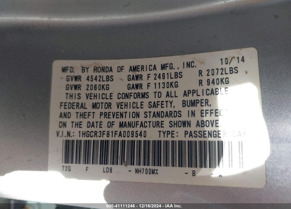 2015 HONDA ACCORD VIN: 1HGCR3F81FA009540