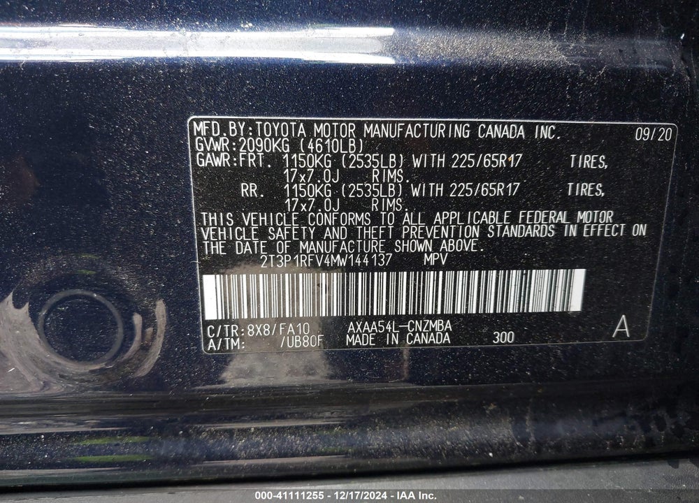 2021 TOYOTA RAV4 XLE VIN: 2T3P1RFV4MW144137